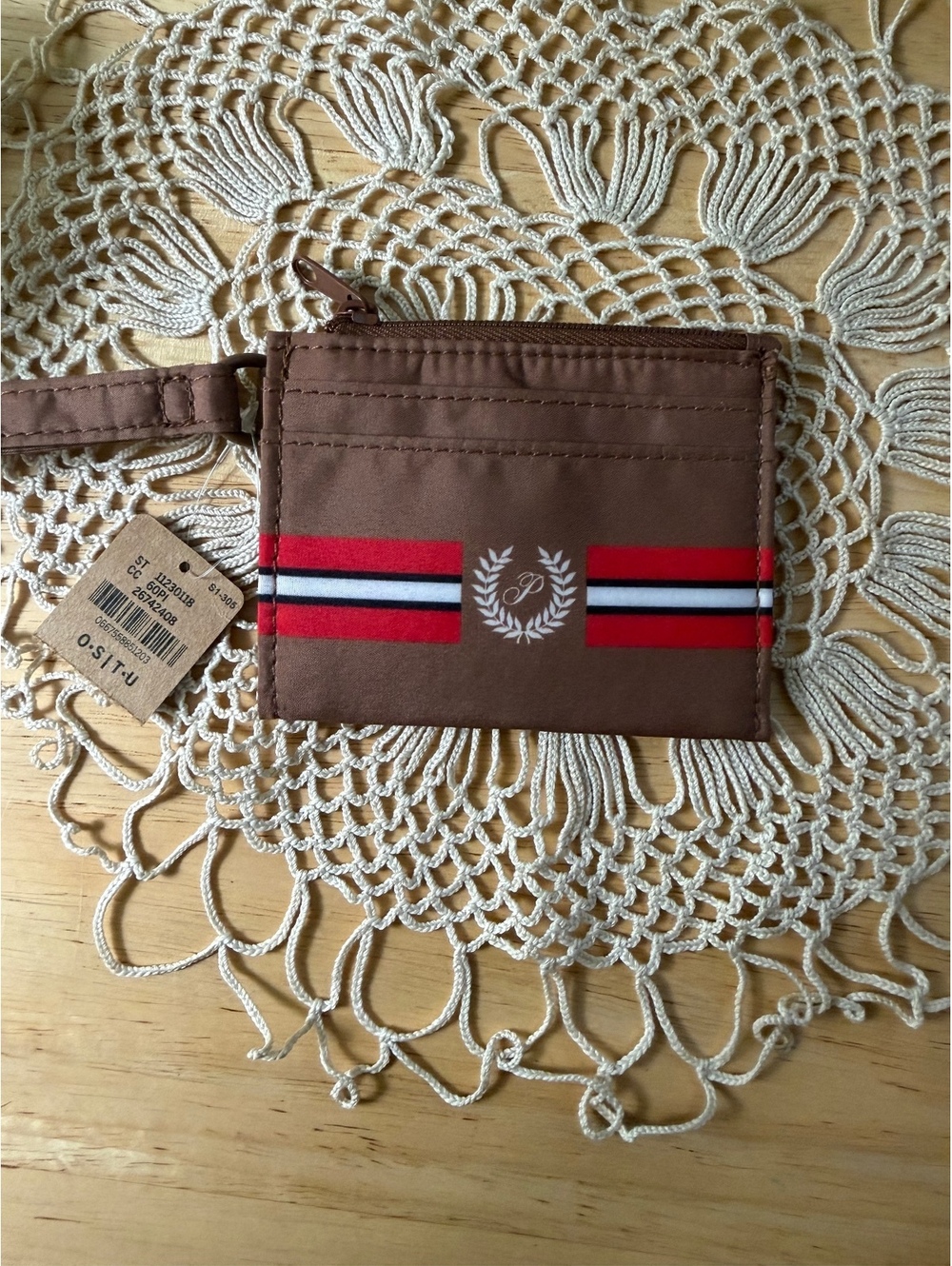Pink Brown Card Holder with Wrist Strap and Zipper Pocket